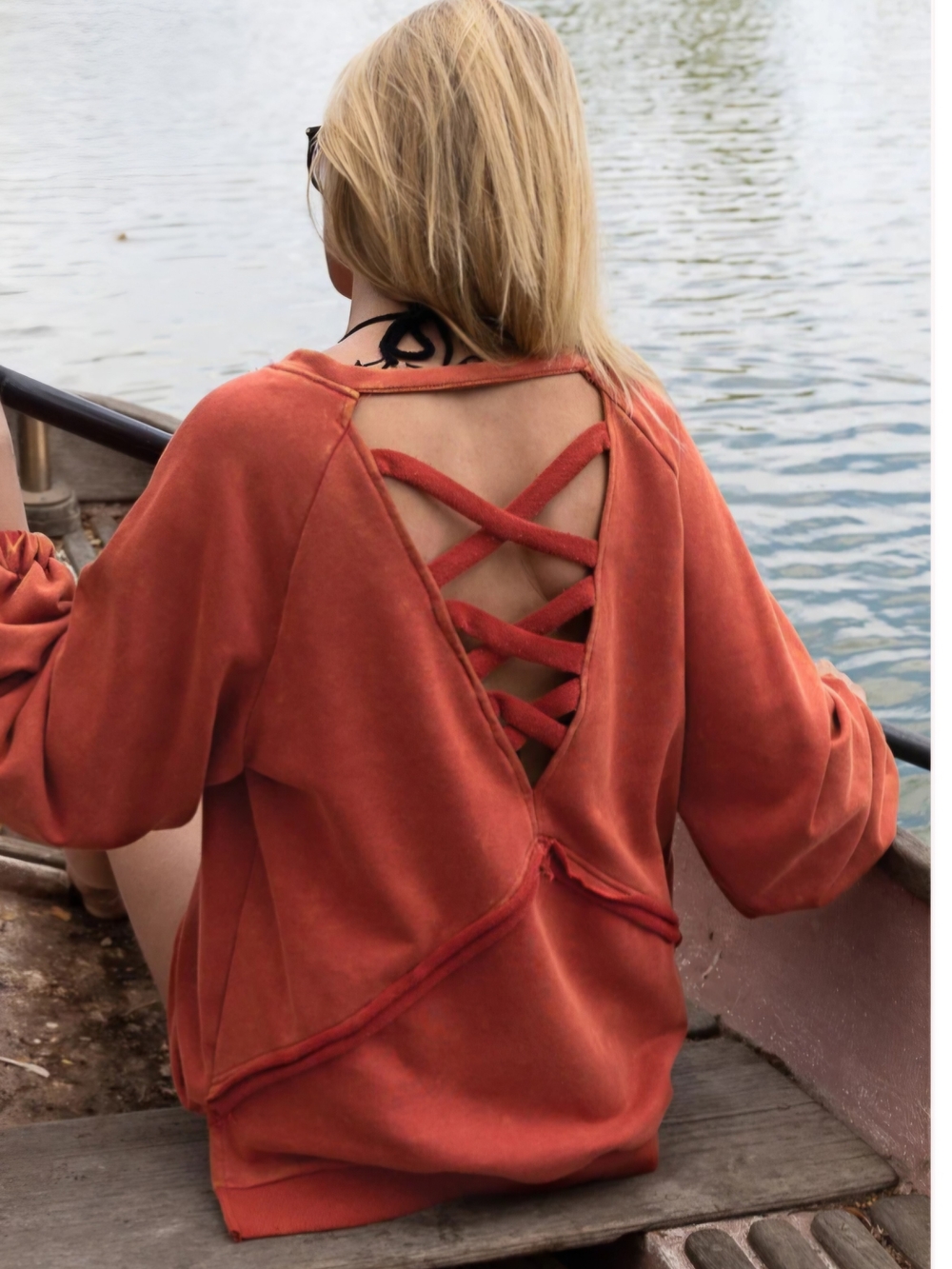 P123 NWT POL Crewneck Sweatshirt Criss Cross Back Cutout Raglan Seam Distressed - Picture 4 of 14